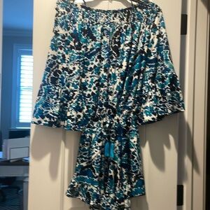Off shoulder, blue, turquoise, and white romper